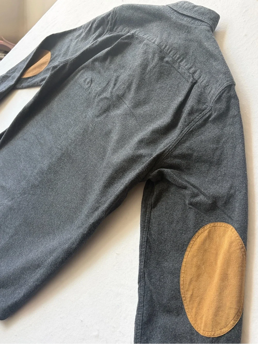 J Crew Men's Dark Gray Button-Down Shirt with Brown Elbow Patches